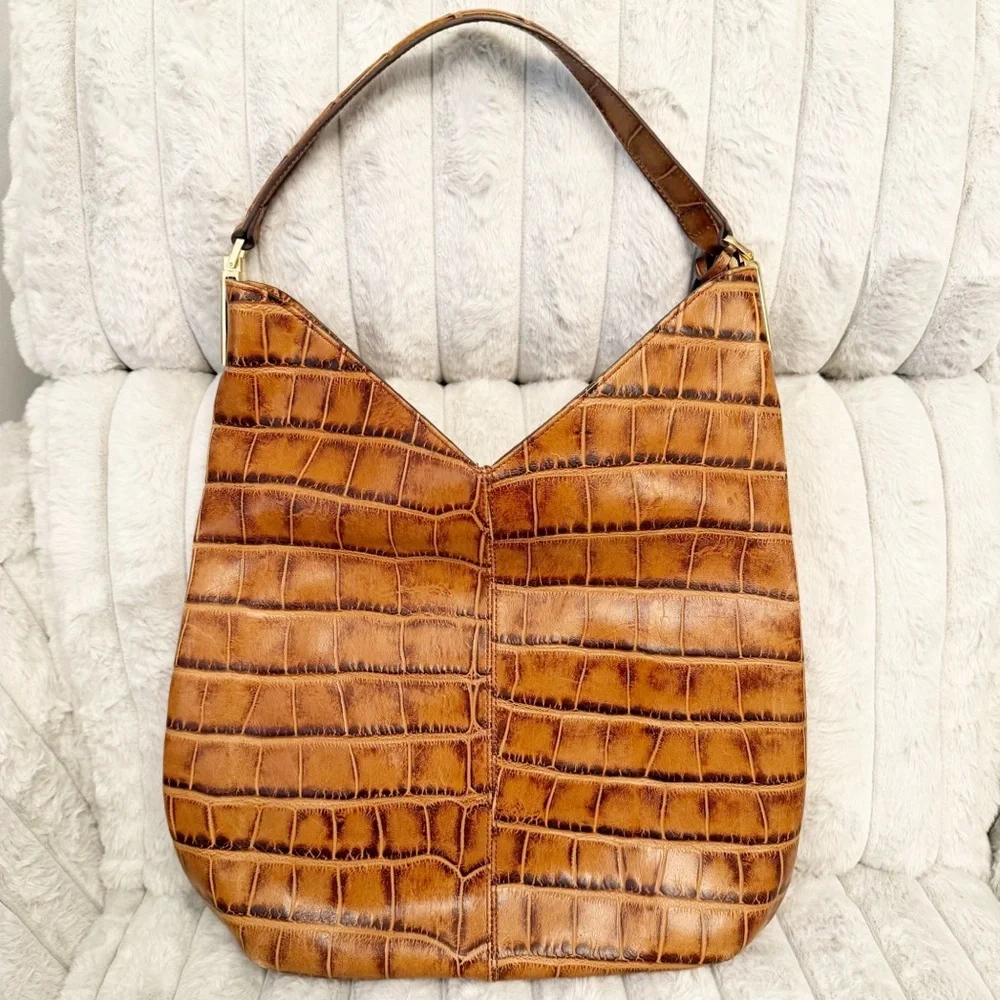G.I.L.I Embossed crocodile Brown Leather hobo Handbag